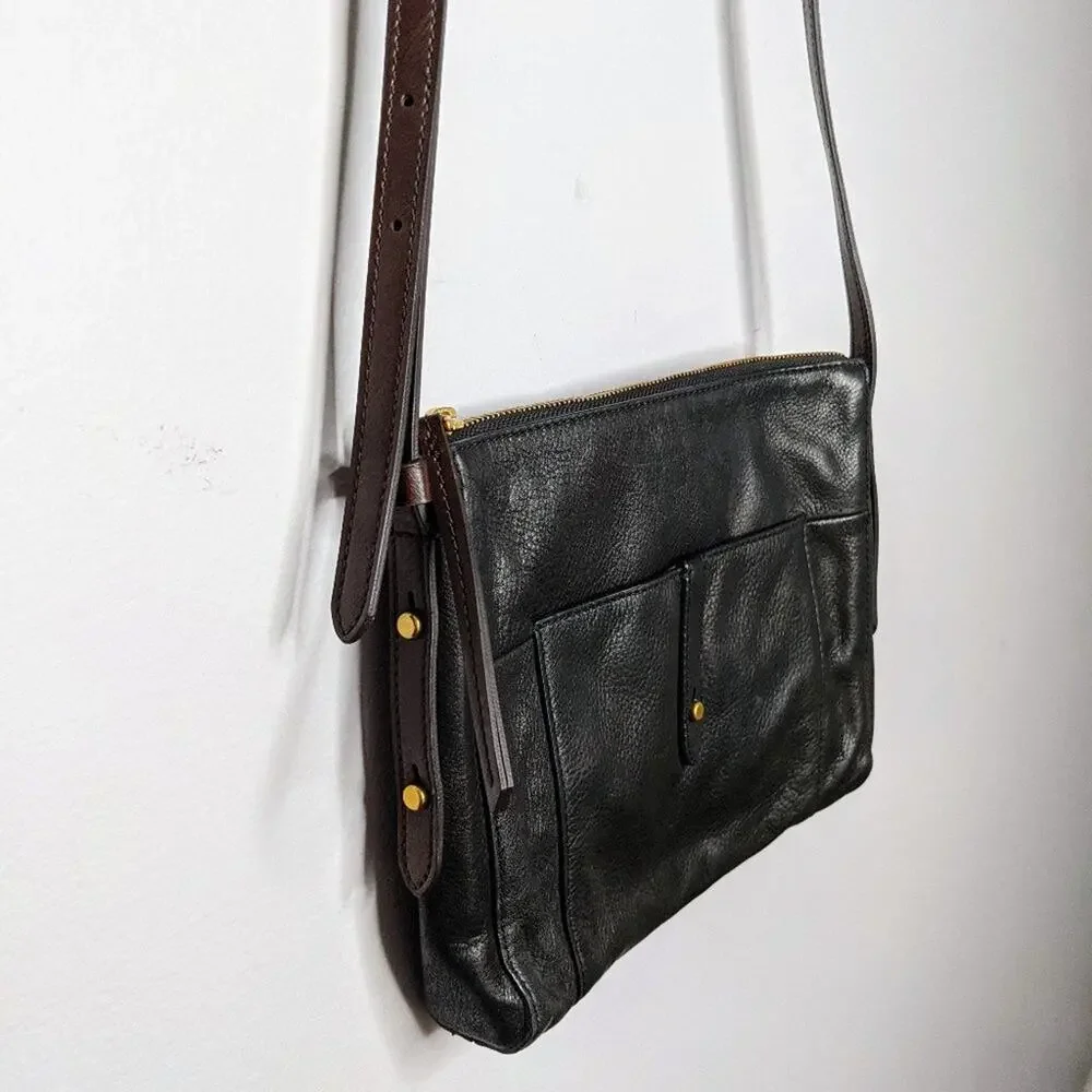Fossil Black Gold Leather Zip Top Crossbody Bag